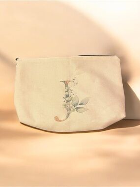 NNW Initial J Canvas Zip Pouch in Cream with Watercolor Green Accent